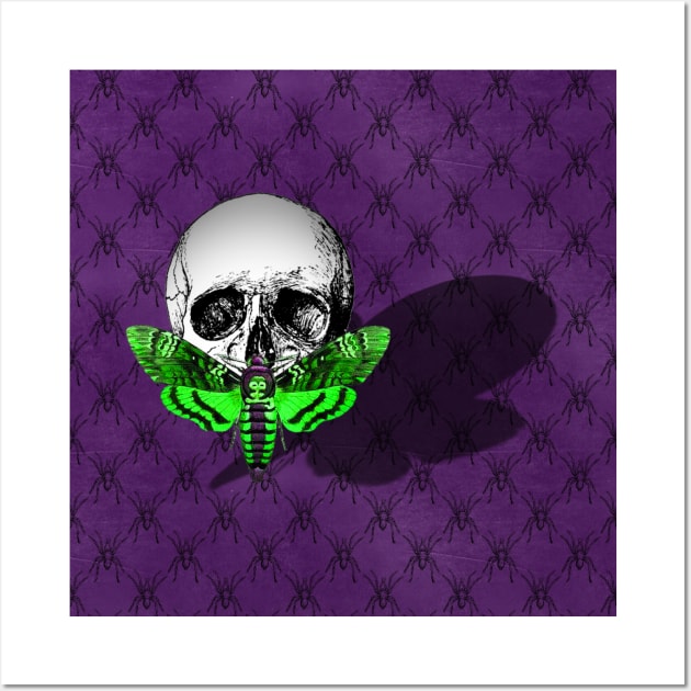 Acid Green Skull Moth on Purple Spider Pattern - Goth Fashion - Halloween Wall Art by Wanderer Bat